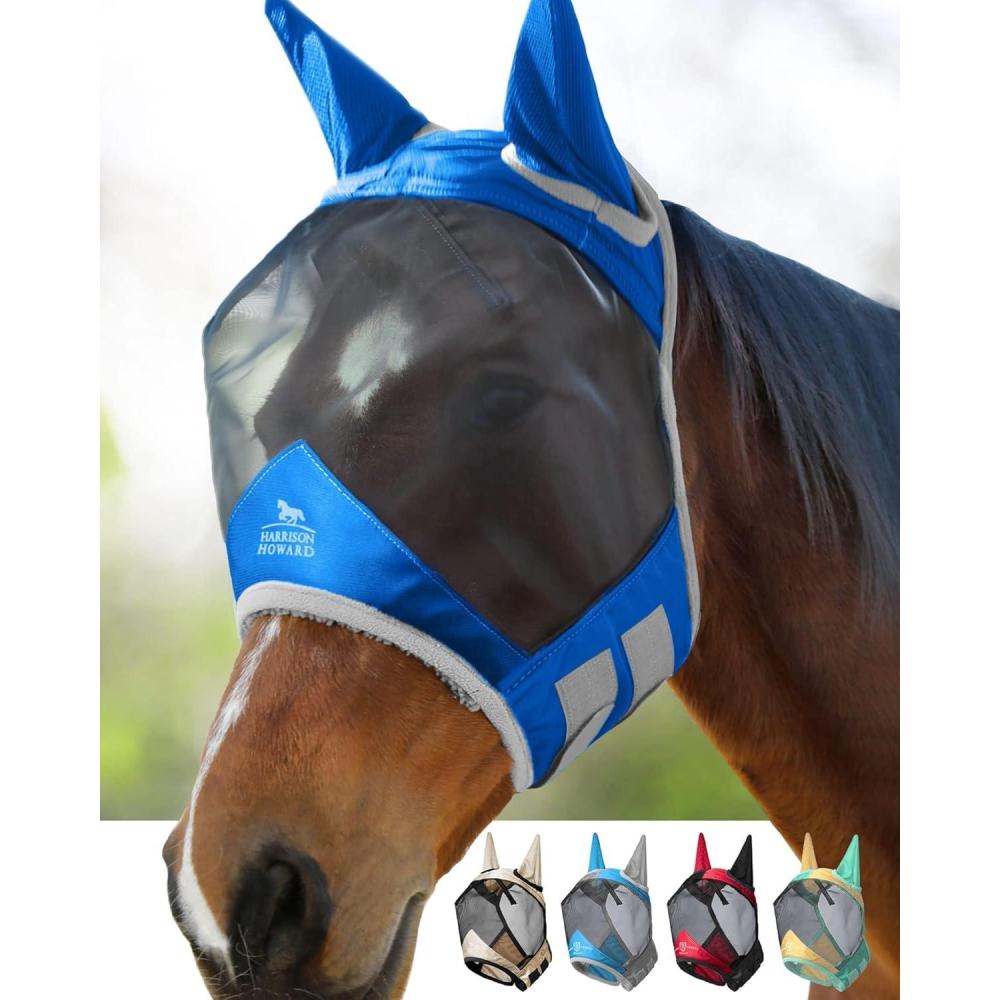 imageHarrison Howard Pro Luminous Horse Fly Mask Large Eye Space Standard with Ears UV Protection for Horse Light Champagne Small PonySignature Blue