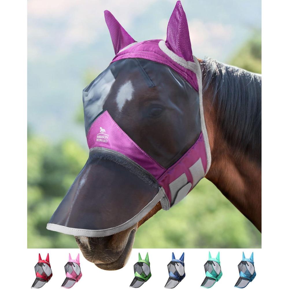 imageHarrison Howard Pro Luminous Horse Fly Mask Long Nose with Ears UV Protection for Horse Azure BlueSilver LDark Magenta