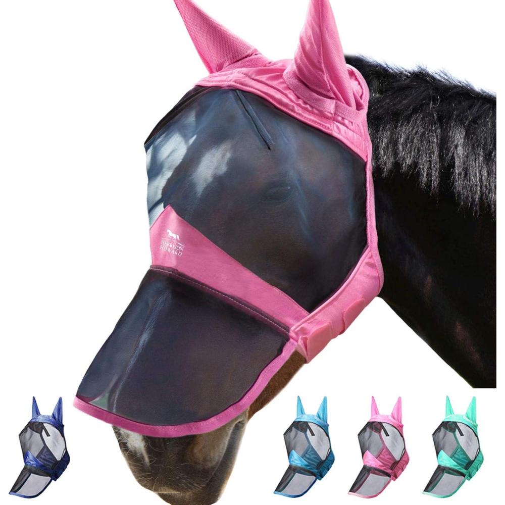 imageHarrison Howard Pro Luminous Horse Fly Mask Long Nose with Ears UV Protection for Horse Azure BlueSilver LLight Pink