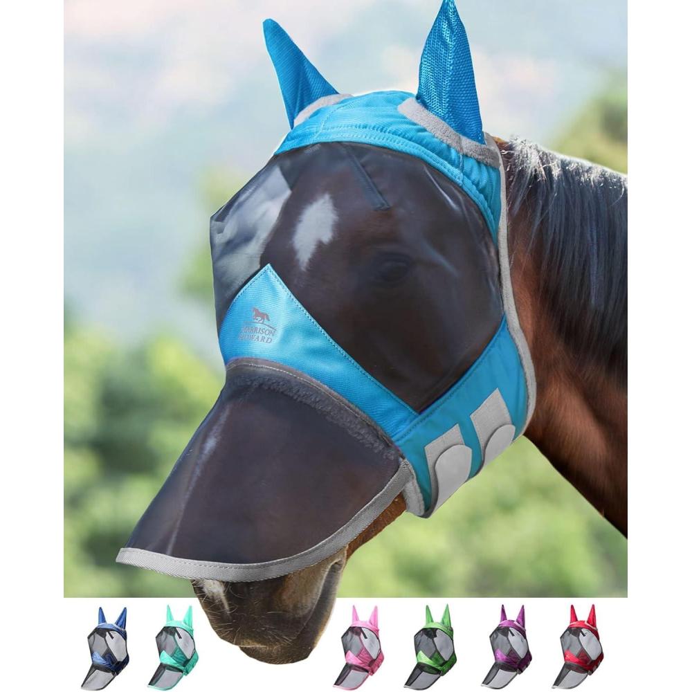 imageHarrison Howard Pro Luminous Horse Fly Mask Long Nose with Ears UV Protection for Horse Azure BlueSilver LSky Blue