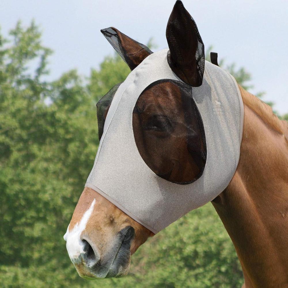 imageHarrison Howard Super Comfort Horse Fly Mask Elasticity Fly Mask with Ears UV Protection for Horse Silver Grey M Cob