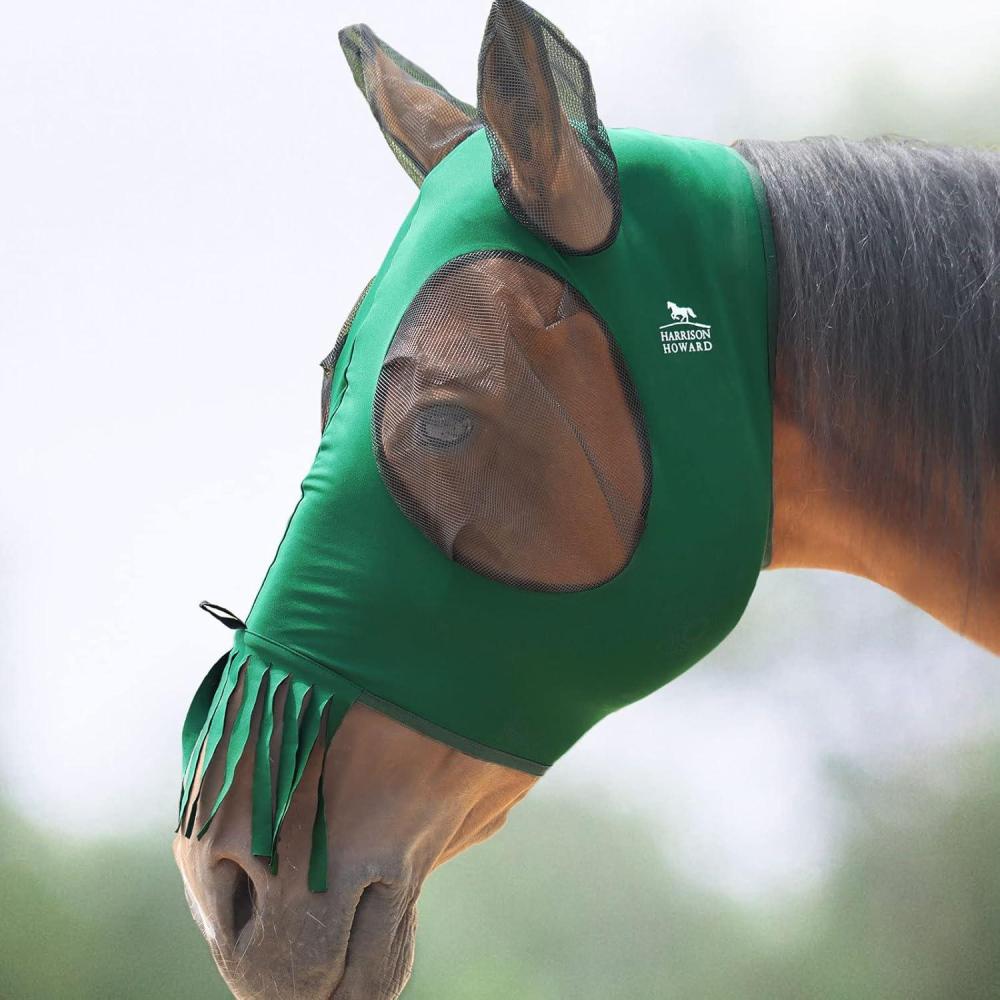 imageHarrison Howard Superior Comfort Breathable Fly Masks Soft on Skin with Tassels Natural Nose SwatterTassel FringeDeep Green