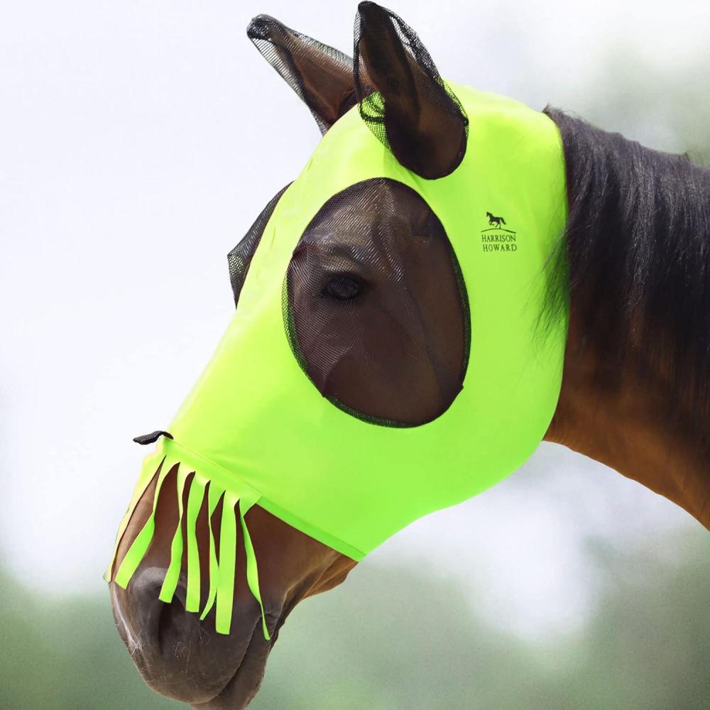 imageHarrison Howard Superior Comfort Breathable Fly Masks Soft on Skin with Tassels Natural Nose SwatterTassel FringeFluroLime