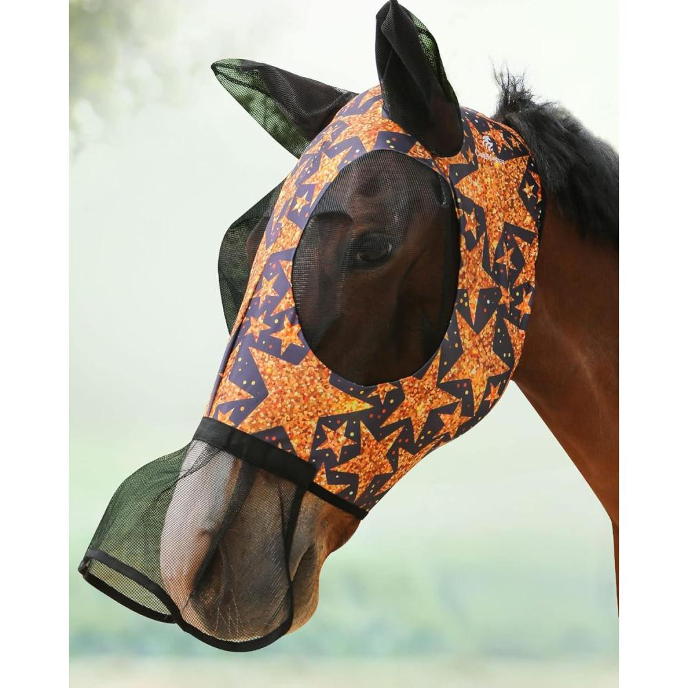 imageHorse Fly Mask with Nose Skirt Fine Mesh Sleek Pullon Design SkirtGolden Stars L Full Size