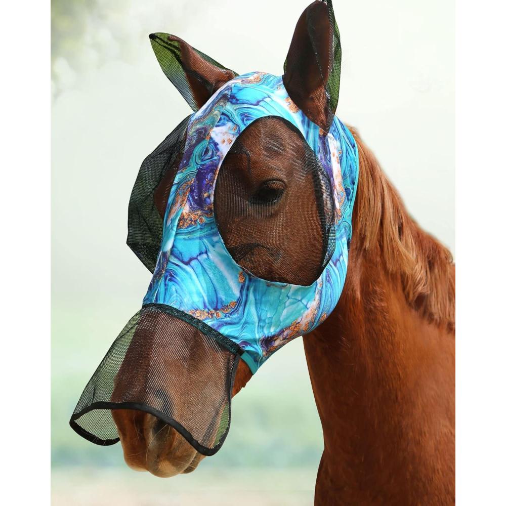 imageUltra Lightweight UVProof Full Visibility Stretchy Horse Fly Mask Long Nose with EarsGreen Paint L Full Size