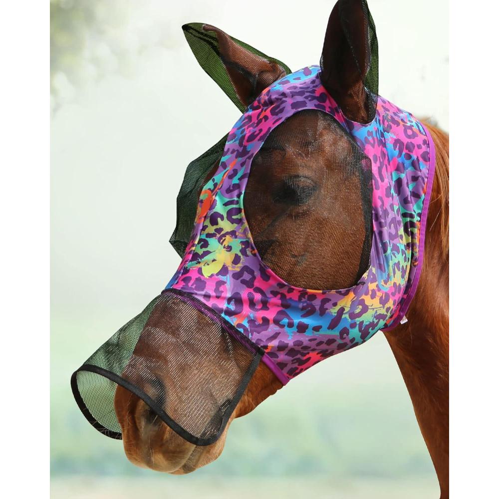 imageUltra Lightweight UVProof Full Visibility Stretchy Horse Fly Mask Long Nose with EarsPink Leopard L Full Size