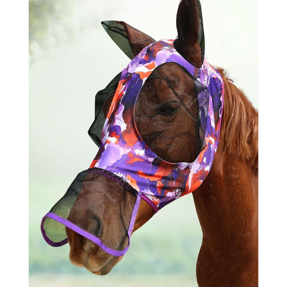 imageUltra Lightweight UVProof Full Visibility Stretchy Horse Fly Mask Long Nose with EarsPurple Flowers L Full Size