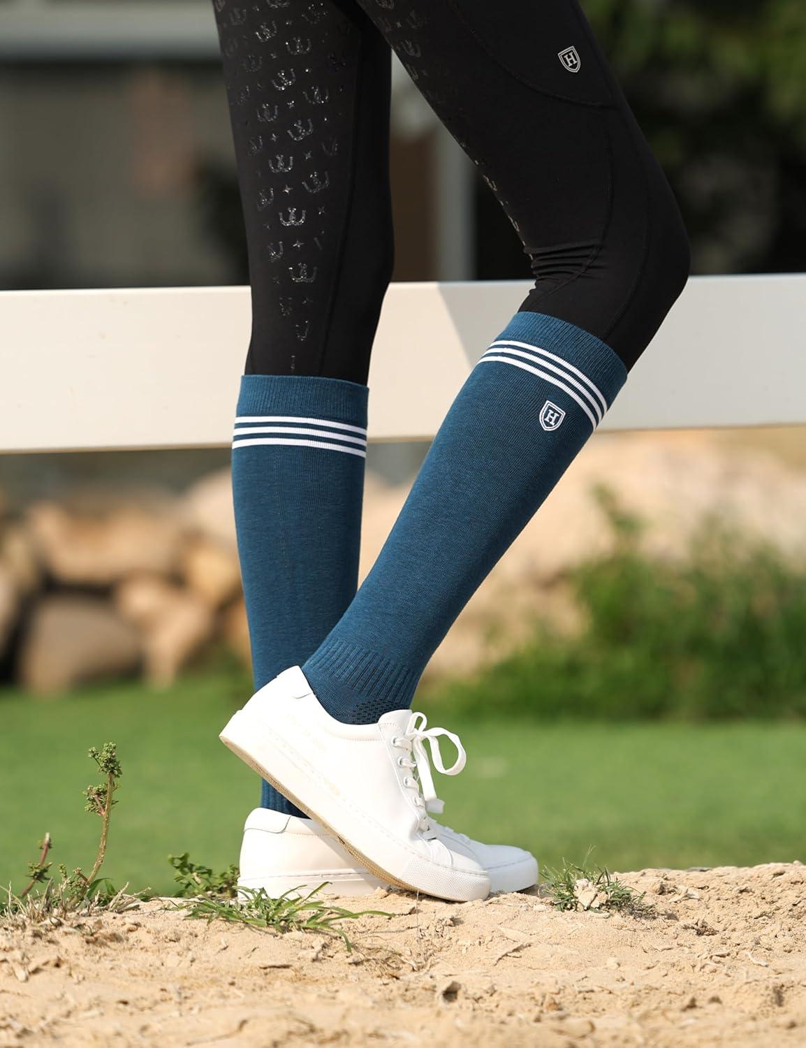 imageHarrison Howard 3 Pairs Premium Quality Equestrian Riding Socks for Horse Riding ampampTall Boot Knee High Socks for WomenBlackPeacock BlueNavy