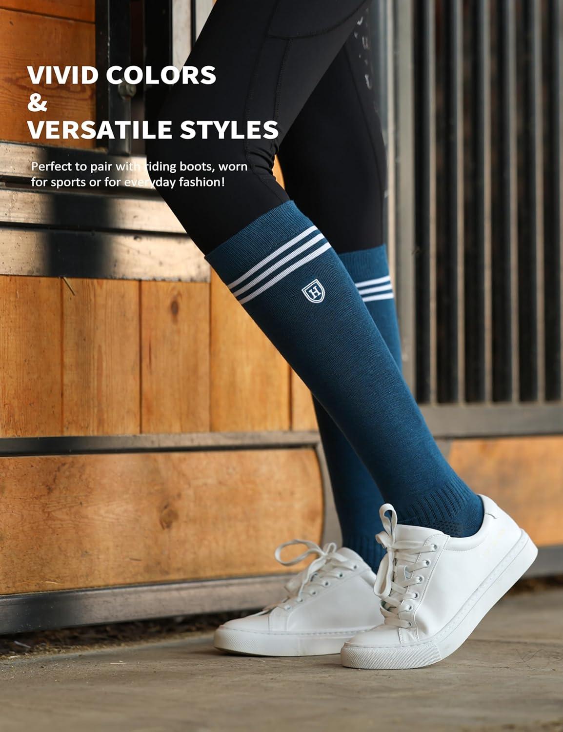 imageHarrison Howard 3 Pairs Premium Quality Equestrian Riding Socks for Horse Riding ampampTall Boot Knee High Socks for WomenBlackPeacock BlueNavy