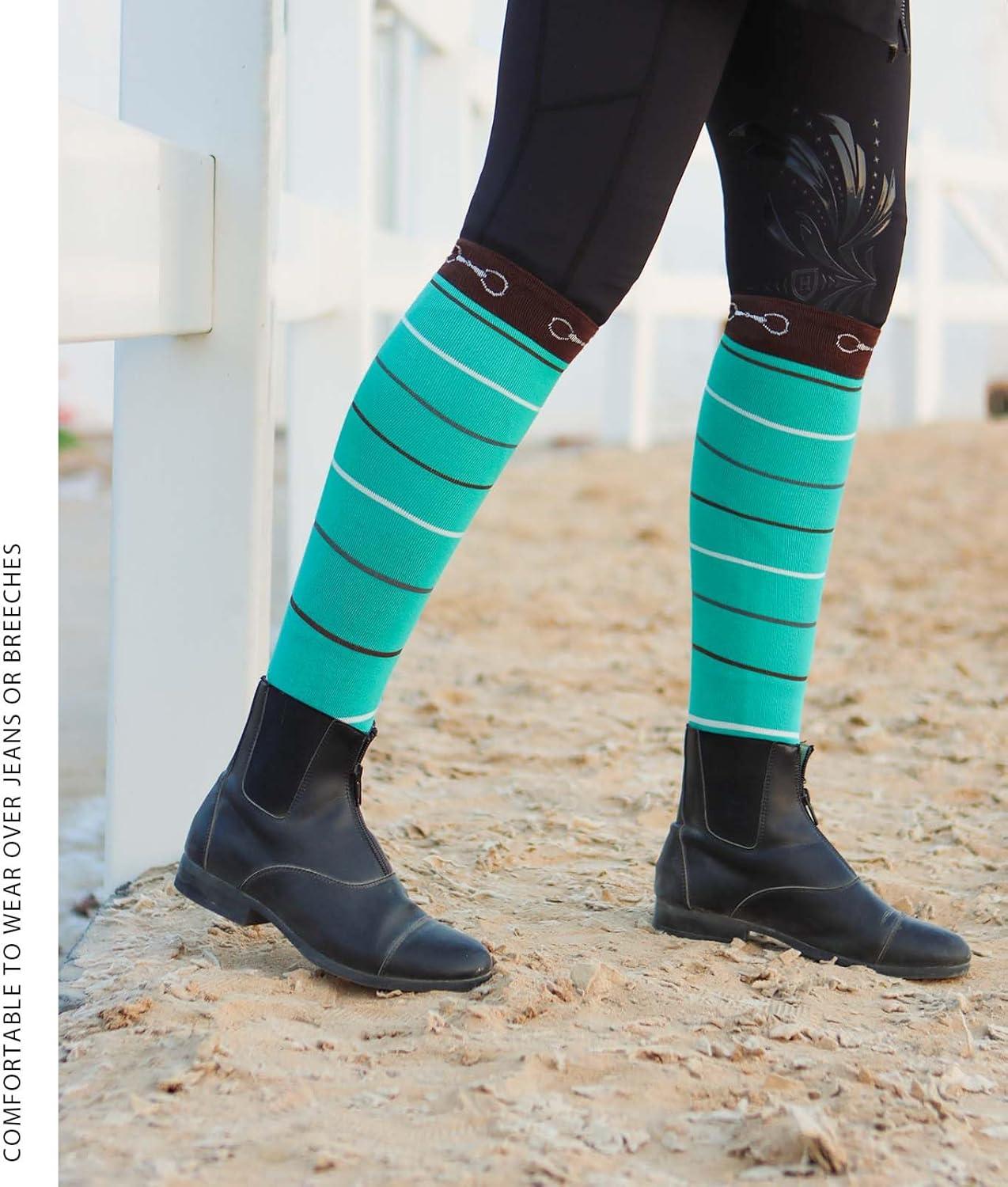 imageHarrison Howard 3 Pairs Premium Quality Equestrian Riding Socks for Horse Riding ampampTall Boot Knee High Socks for WomenGreen Color BarBlack Horseshoe PrintGrey Diamond Grid