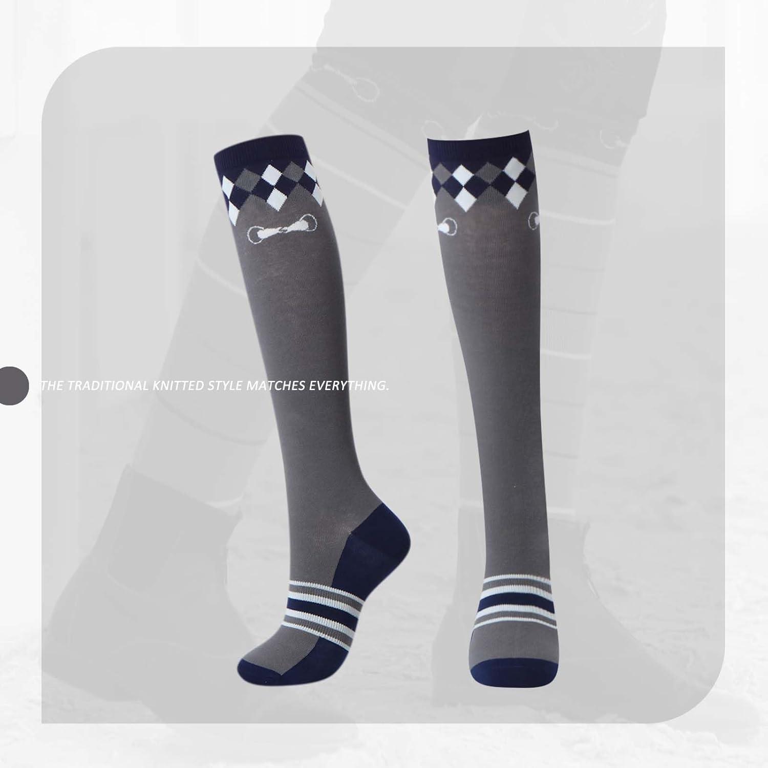 imageHarrison Howard 3 Pairs Premium Quality Equestrian Riding Socks for Horse Riding ampampTall Boot Knee High Socks for WomenGreen Color BarBlack Horseshoe PrintGrey Diamond Grid