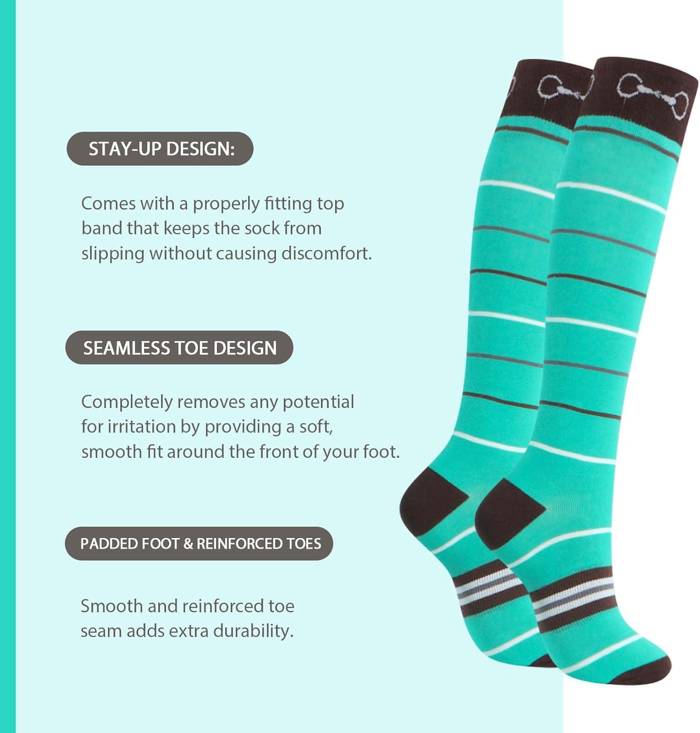 imageHarrison Howard 3 Pairs Premium Quality Equestrian Riding Socks for Horse Riding ampampTall Boot Knee High Socks for WomenGreen Color BarBlack Horseshoe PrintGrey Diamond Grid