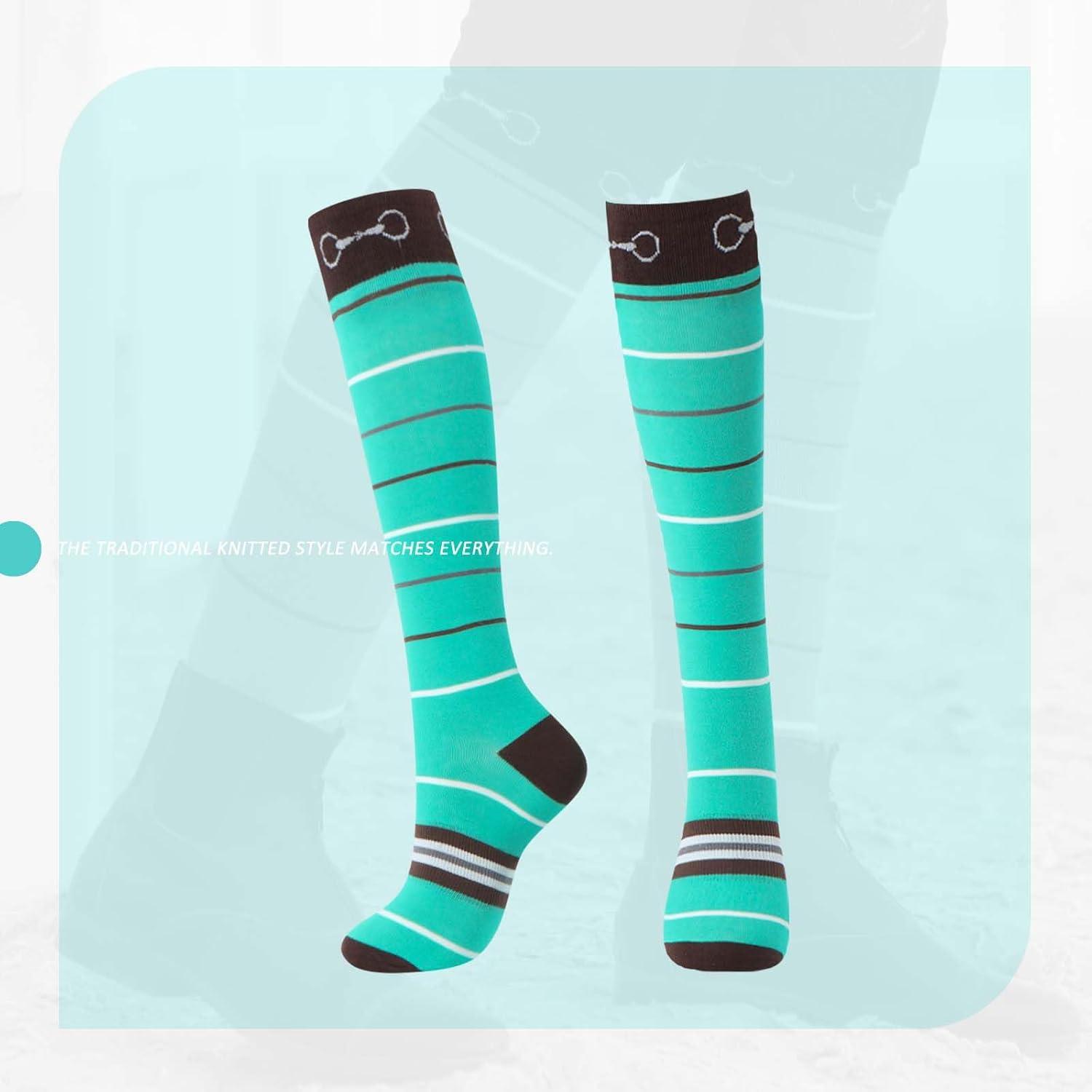 imageHarrison Howard 3 Pairs Premium Quality Equestrian Riding Socks for Horse Riding ampampTall Boot Knee High Socks for WomenGreen Color BarBlack Horseshoe PrintGrey Diamond Grid