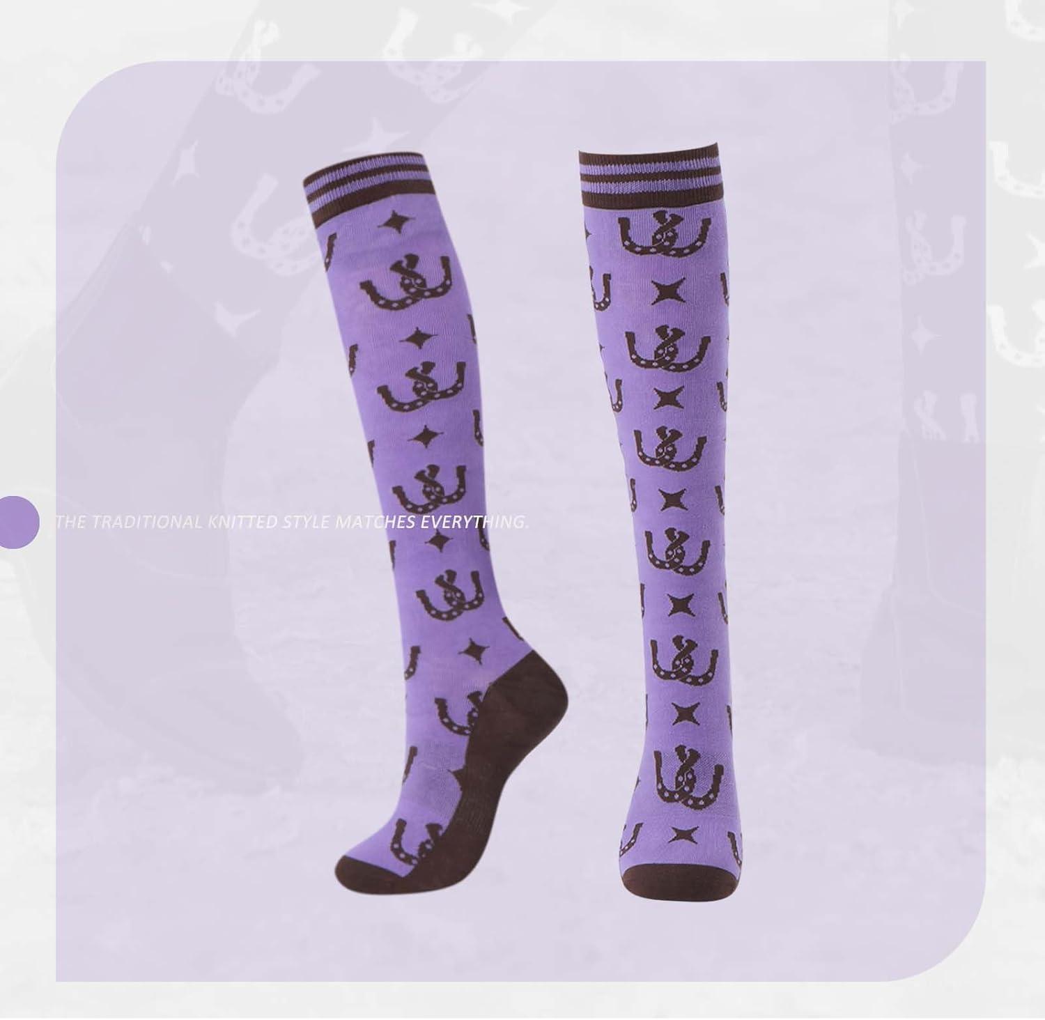 imageHarrison Howard 3 Pairs Premium Quality Equestrian Riding Socks for Horse Riding ampampTall Boot Knee High Socks for WomenHorse HardwareCoffee Diamond GridPurple Horseshoe Print