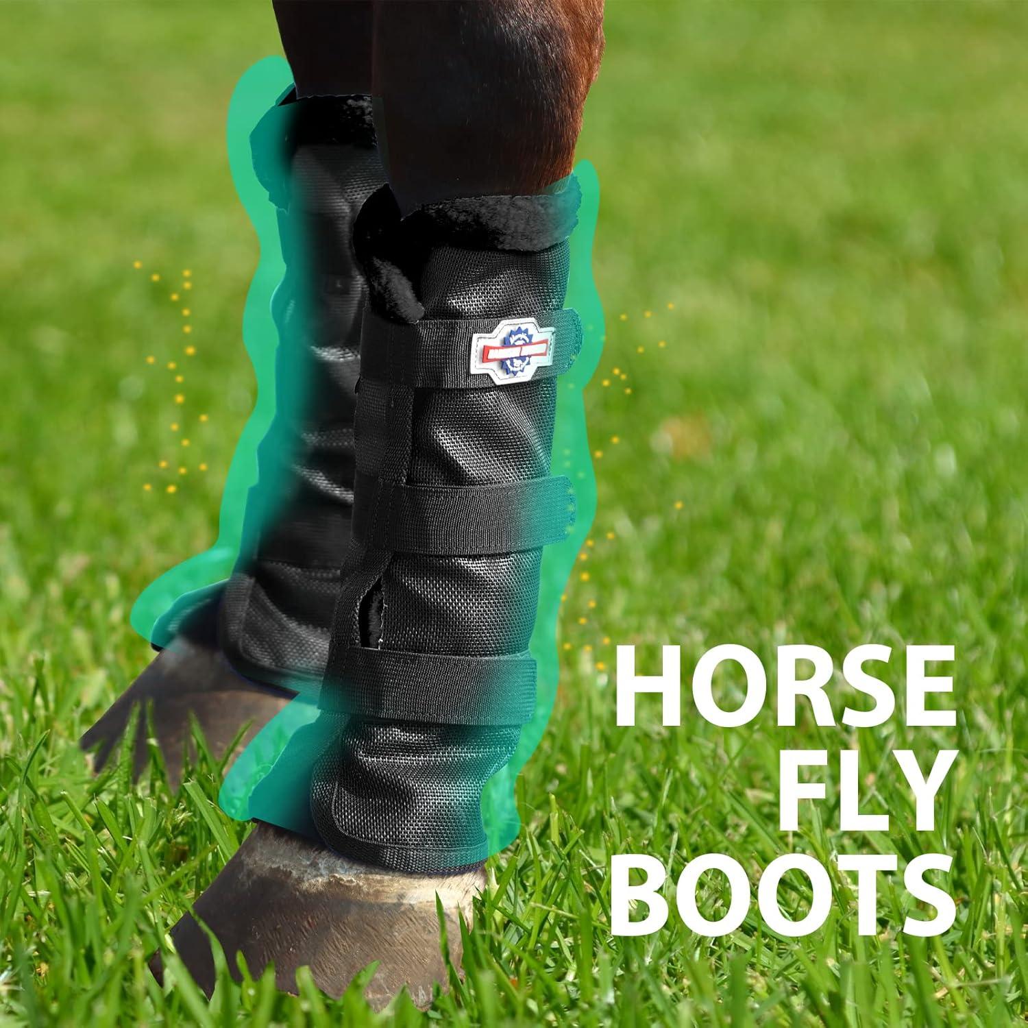 imageHarrison Howard Horse Fly Boots with Fleece Trim Durable Breathable Cool Mesh Adjustable ClosureClassic Black