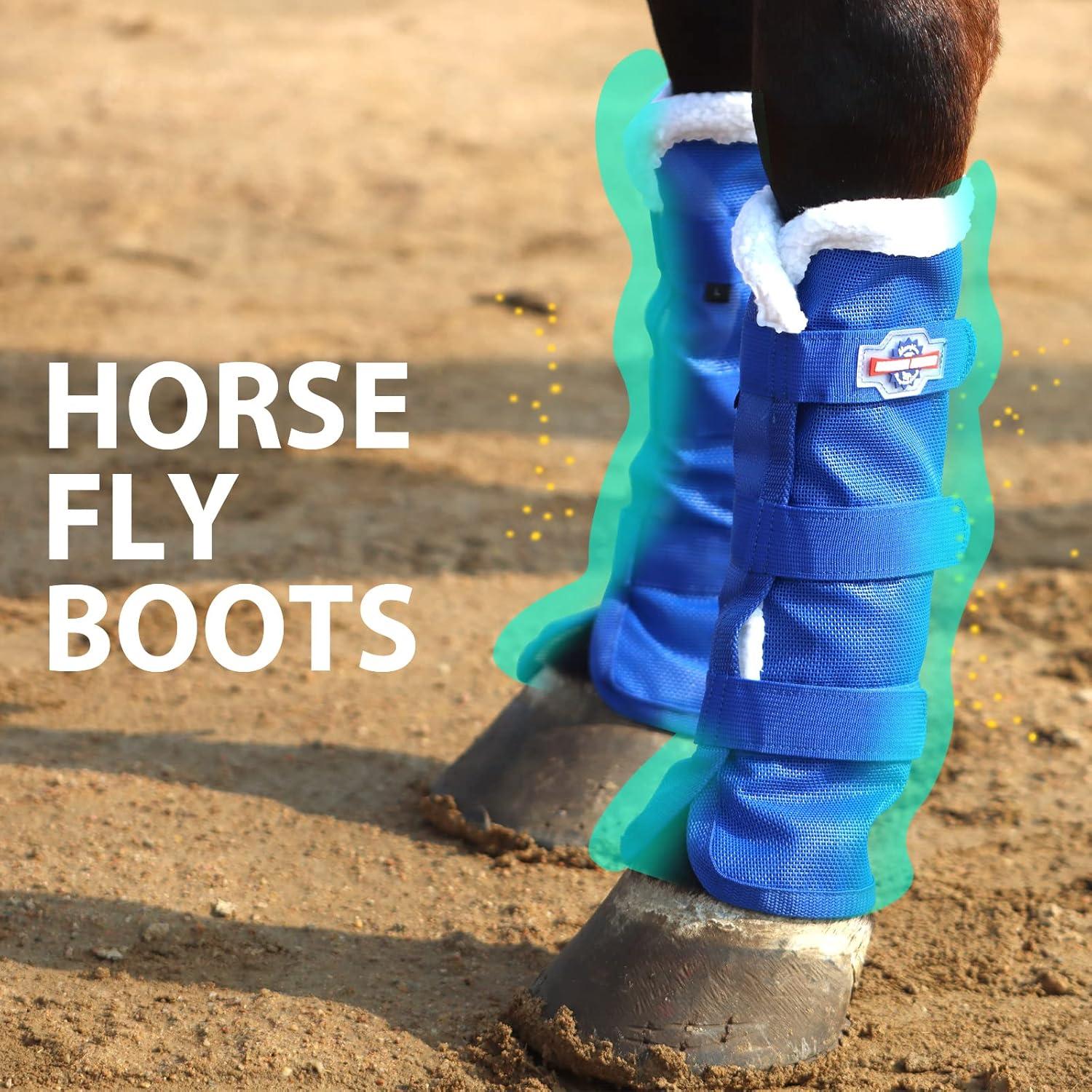 imageHarrison Howard Horse Fly Boots with Fleece Trim Durable Breathable Cool Mesh Adjustable ClosureDeep Blue