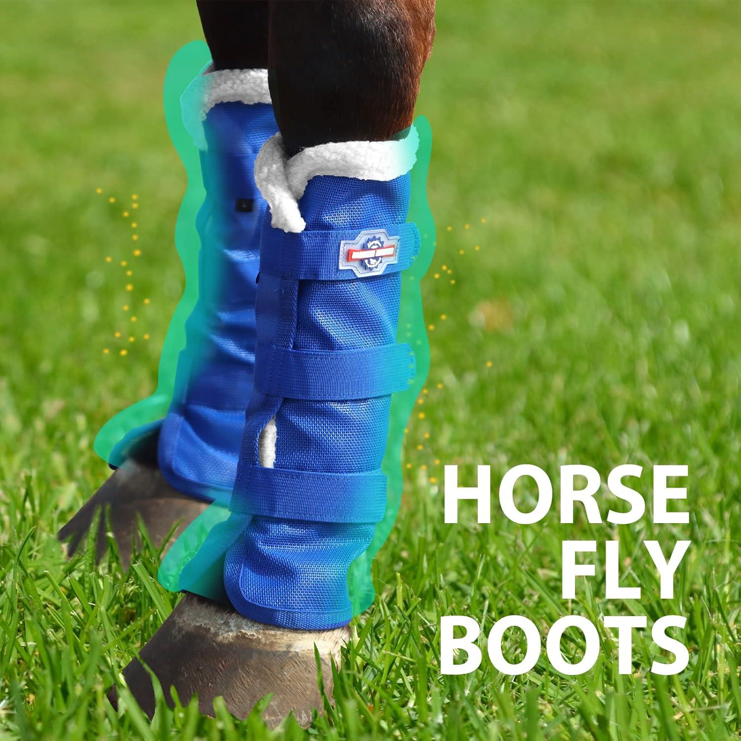 imageHarrison Howard Horse Fly Boots with Fleece Trim Durable Breathable Cool Mesh Adjustable ClosureDeep Blue