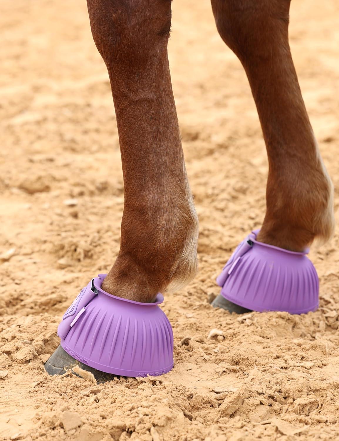 imageHarrison Howard Rubber Bell Boots Leather TouchClose Overreach Boots Hoof Protection for Horses Sold in Pairs Light Grey LViolet