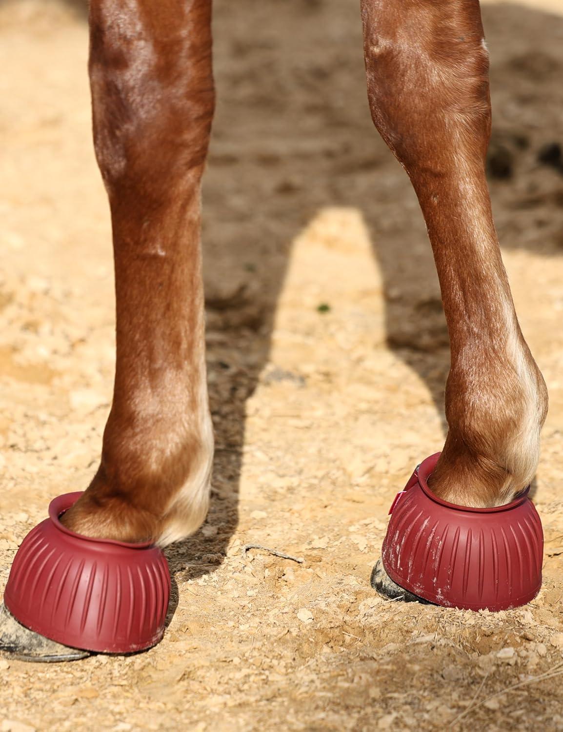 imageHarrison Howard Rubber Bell Boots Leather TouchClose Overreach Boots Hoof Protection for Horses Sold in Pairs Light Grey LWine Red