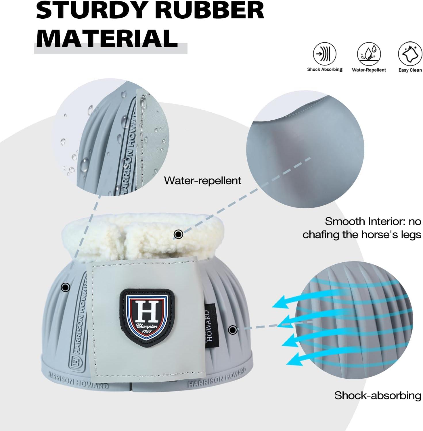 imageHarrison Howard Rubber Pullon Bell Boots with Fleece Lining and ExtraLarge Leather TouchClose Tape Hoof Overreach Protection for Horses Sold in Pairs Light Grey LLight Grey