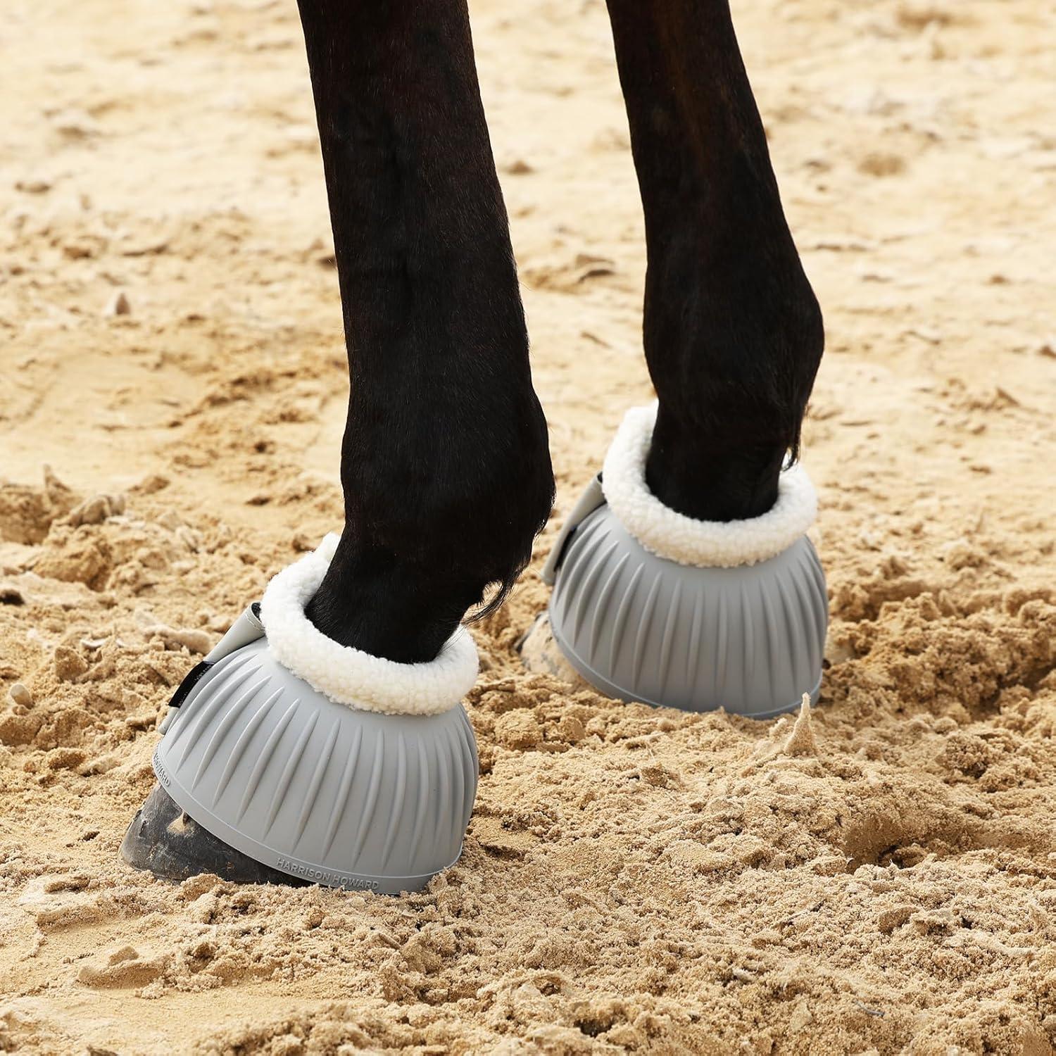 imageHarrison Howard Rubber Pullon Bell Boots with Fleece Lining and ExtraLarge Leather TouchClose Tape Hoof Overreach Protection for Horses Sold in Pairs Light Grey LLight Grey