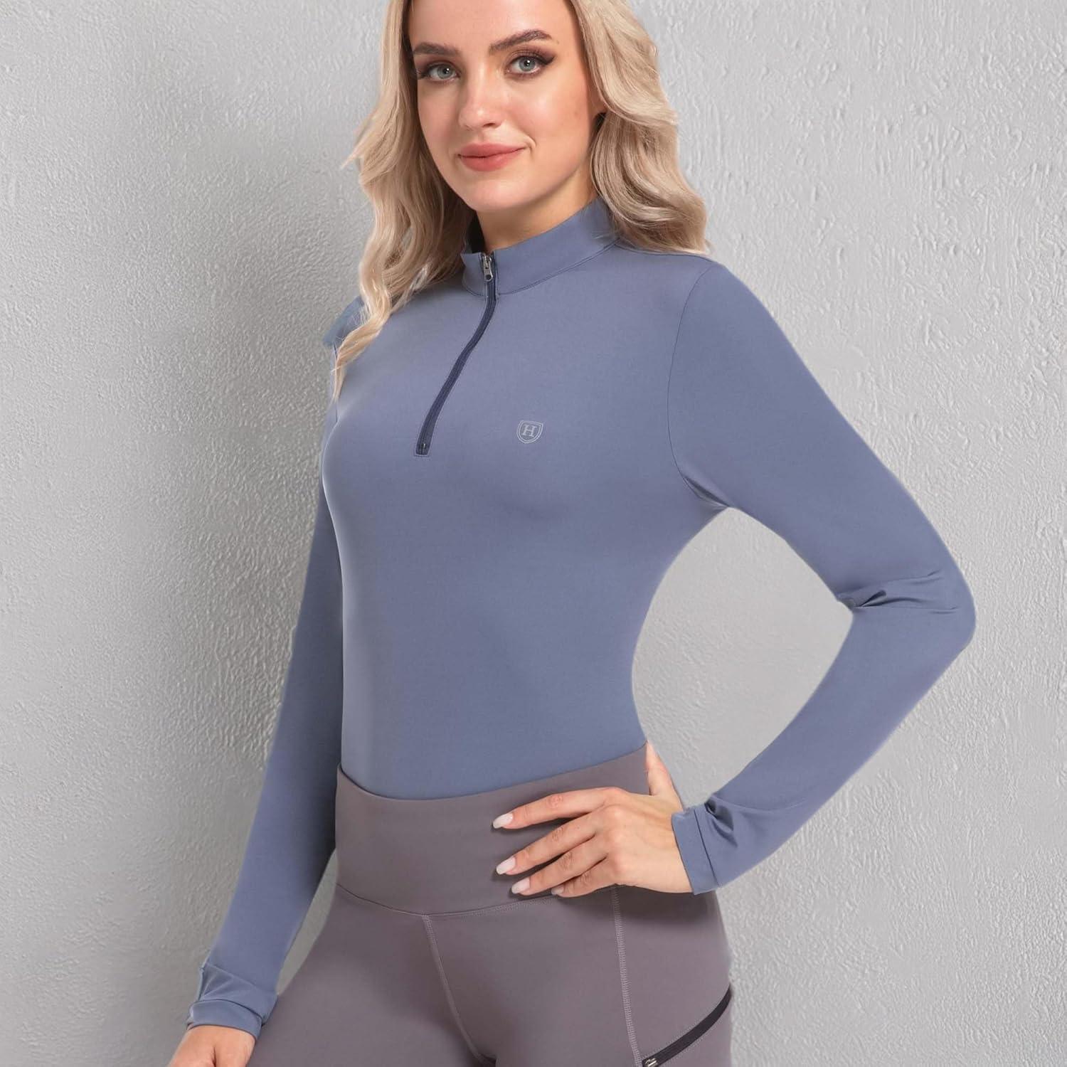 imageHarrison Howard Womens Equestrian Sweat Absorption Quick Drying Horse Riding Long Sleeve Shirt 14 Zip Base LayerBlue