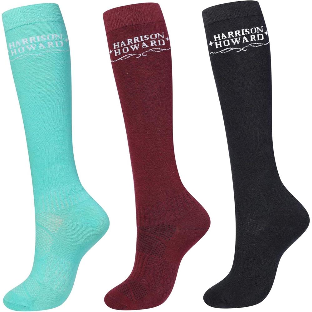 imageHarrison Howard 3 Pairs Premium Quality Equestrian Riding Socks for Horse Riding ampampTall Boot Knee High Socks for WomenBlackBurgundySummer Mint