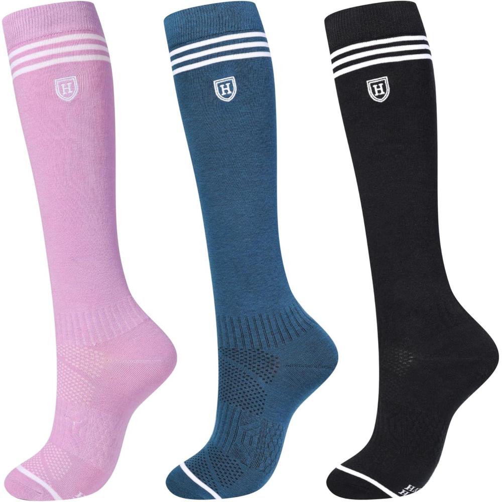 imageHarrison Howard 3 Pairs Premium Quality Equestrian Riding Socks for Horse Riding ampampTall Boot Knee High Socks for WomenBlackPeacock BlueSoft Lavendar
