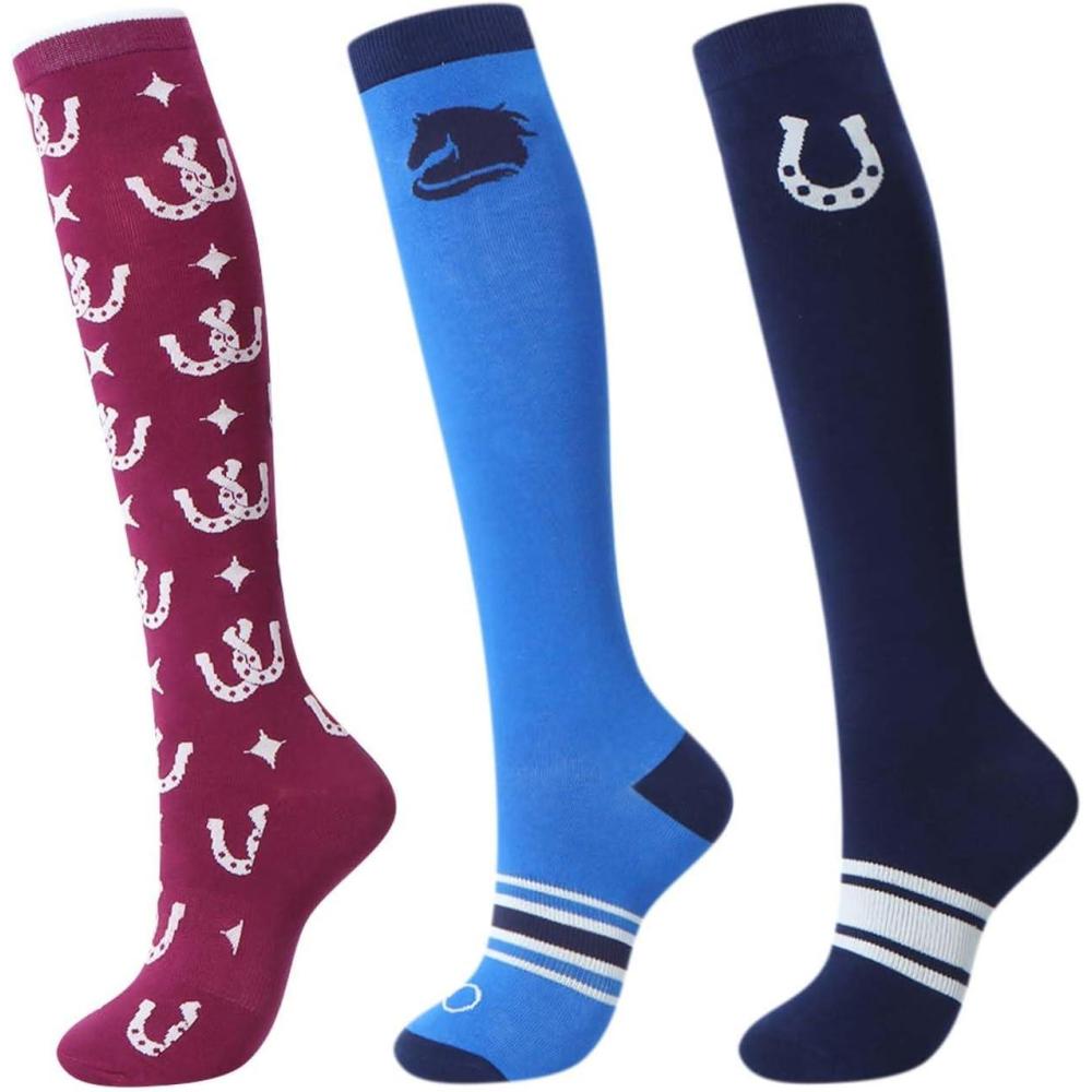imageHarrison Howard 3 Pairs Premium Quality Equestrian Riding Socks for Horse Riding ampampTall Boot Knee High Socks for WomenBlue Horse IconNavy HorseshoeRose Star Horseshoe