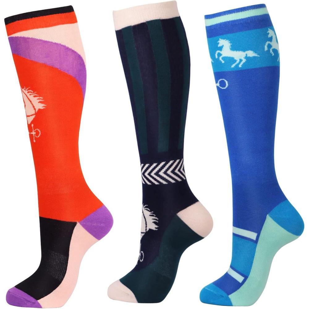 imageHarrison Howard 3 Pairs Premium Quality Equestrian Riding Socks for Horse Riding ampampTall Boot Knee High Socks for WomenGreen BitBlue BitReddish Orange