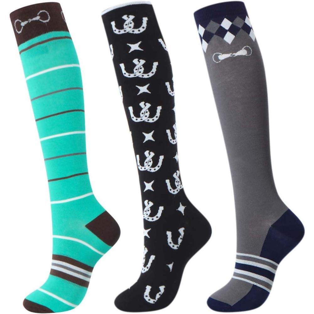 imageHarrison Howard 3 Pairs Premium Quality Equestrian Riding Socks for Horse Riding ampampTall Boot Knee High Socks for WomenGreen Color BarBlack Horseshoe PrintGrey Diamond Grid