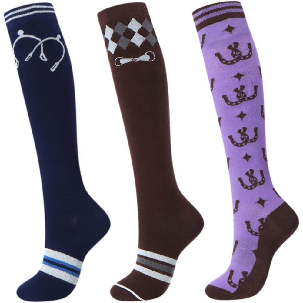 imageHarrison Howard 3 Pairs Premium Quality Equestrian Riding Socks for Horse Riding ampampTall Boot Knee High Socks for WomenHorse HardwareCoffee Diamond GridPurple Horseshoe Print