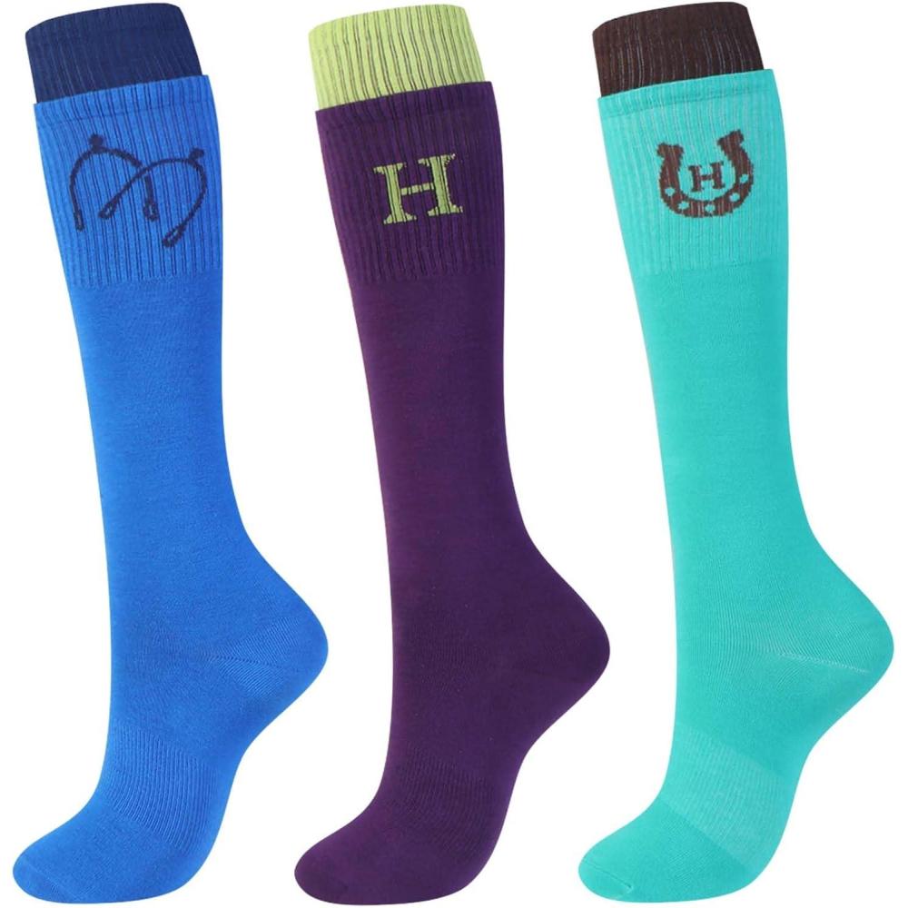 imageHarrison Howard 3 Pairs Premium Quality Equestrian Riding Socks for Horse Riding ampampTall Boot Knee High Socks for WomenMintBluePurple