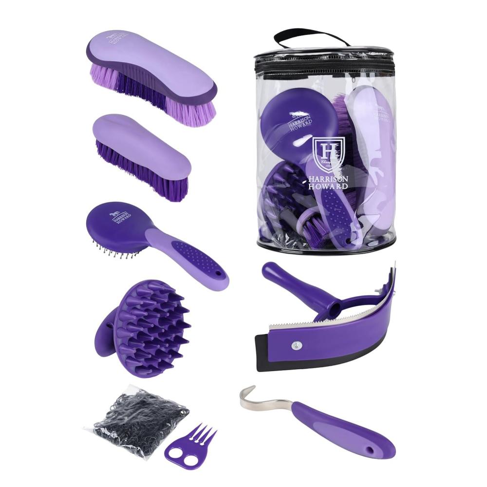 imageHarrison Howard 7 Pieces Horse Grooming Kit Horse Bathing Supplies Brushes for Grooming with Convenient Organizer Tote RedPurple