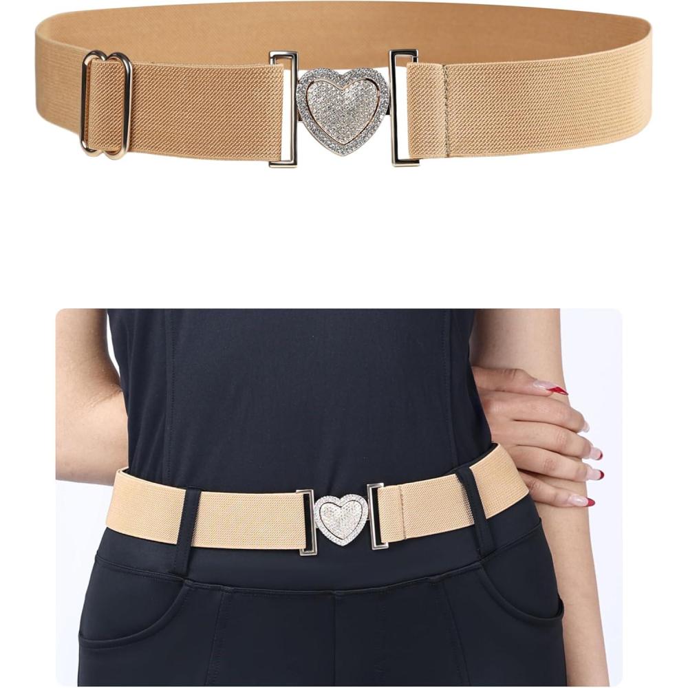 imageHarrison Howard Elastic Horse Riding Belt with Flat Buckle Stretchable for Horseback Riding Elastic Belt for WomenGlamour Heart Beige