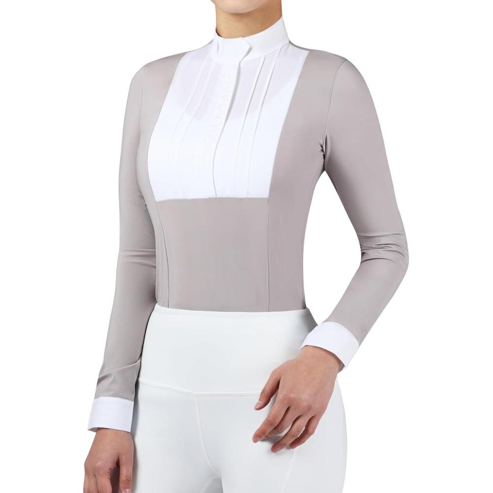 imageHarrison Howard Equestrian Pleated Bib Show Shirt Rider Top Horse Riding Long Sleeve with EmbroideryGrey