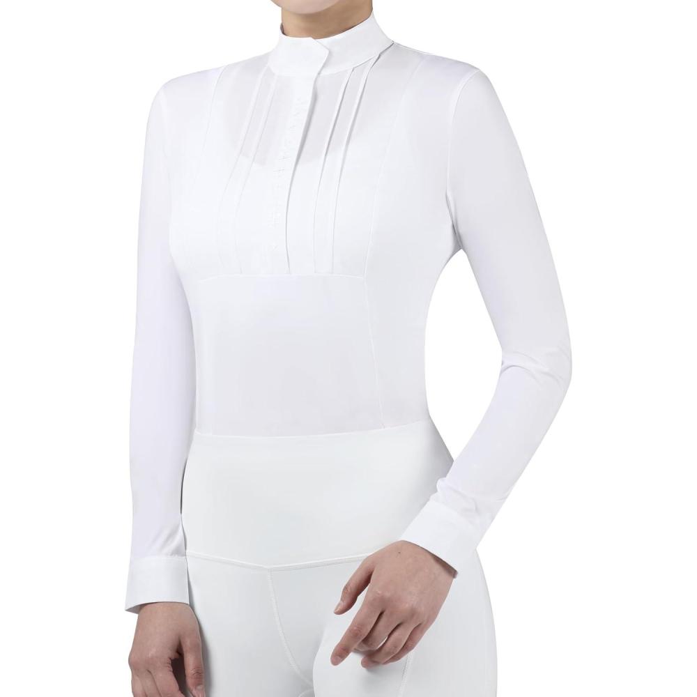 imageHarrison Howard Equestrian Pleated Bib Show Shirt Rider Top Horse Riding Long Sleeve with EmbroideryWhite