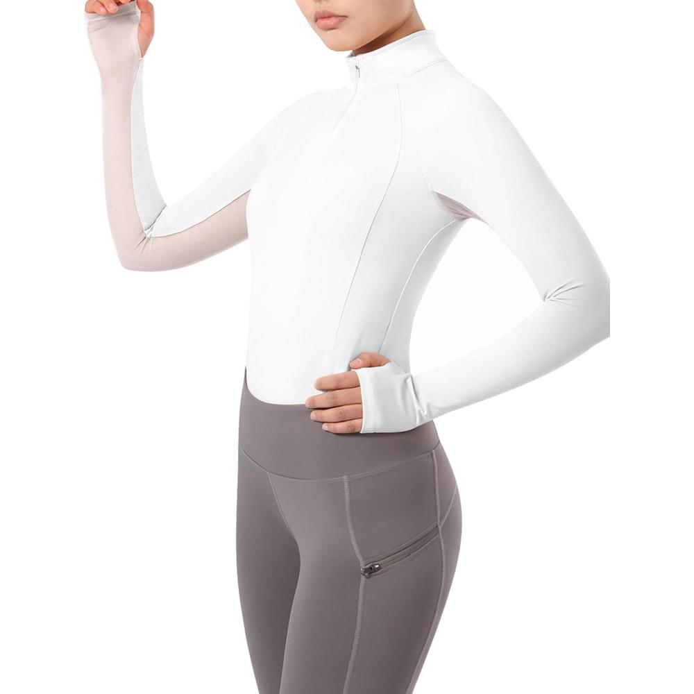 imageHarrison Howard Equestrian Tops Female Long Sleeve Half Mesh Arm Design QuickDry Summer Top with Stylish NecklineWhite