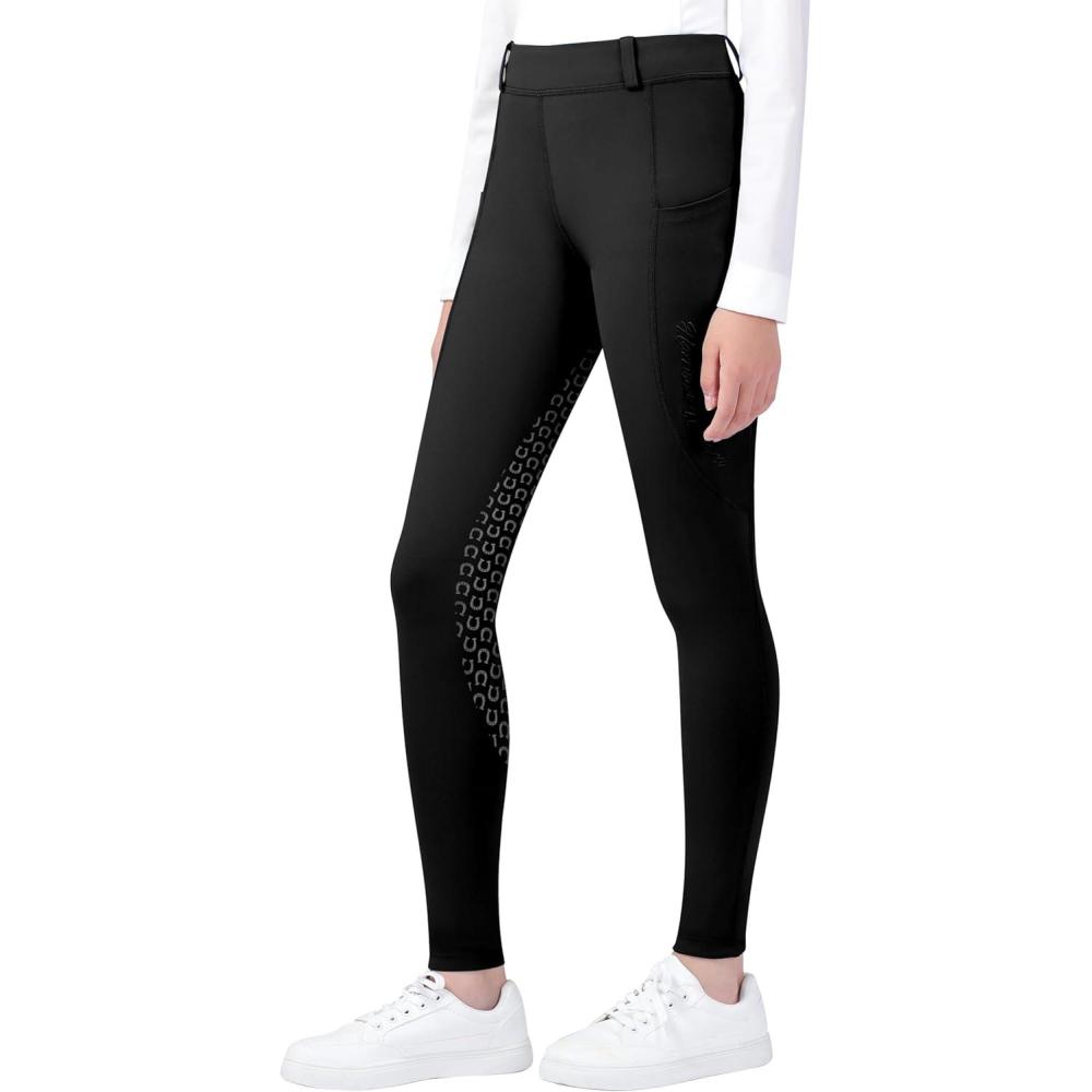 imageHarrison Howard Girls Riding Pants with Pockets ampamp Belt Loops Full Seat Riding Tights for GirlsBlack