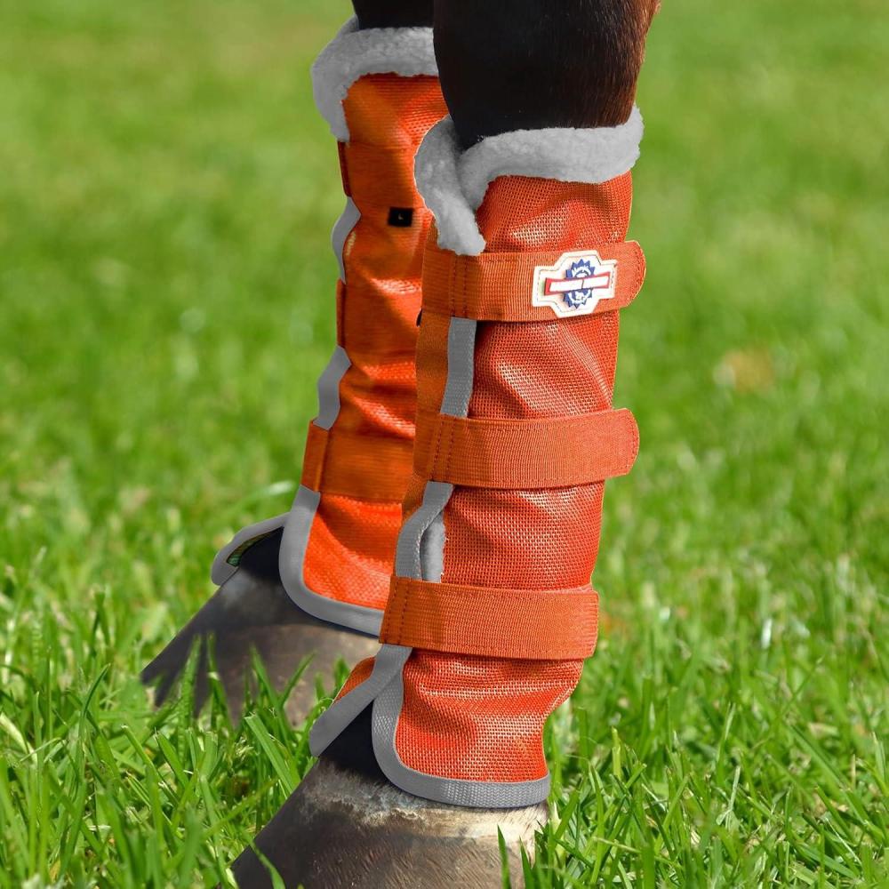 imageHarrison Howard Horse Fly Boots with Fleece Trim Durable Breathable Cool Mesh Adjustable ClosureVibrant Orange