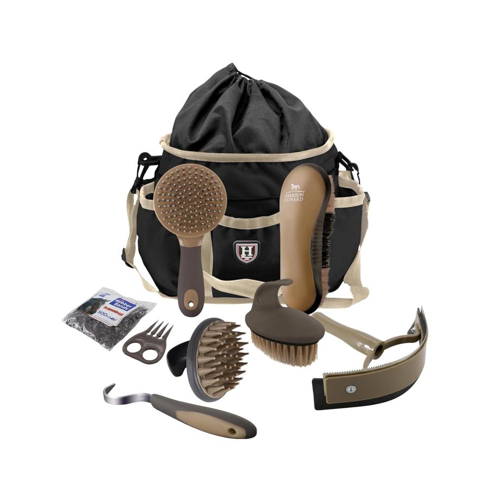 imageHarrison Howard Horse Grooming Brushes Kit 7 pieces with Organizer Tote Equine Care Series Horse Brush Sets RedBrown