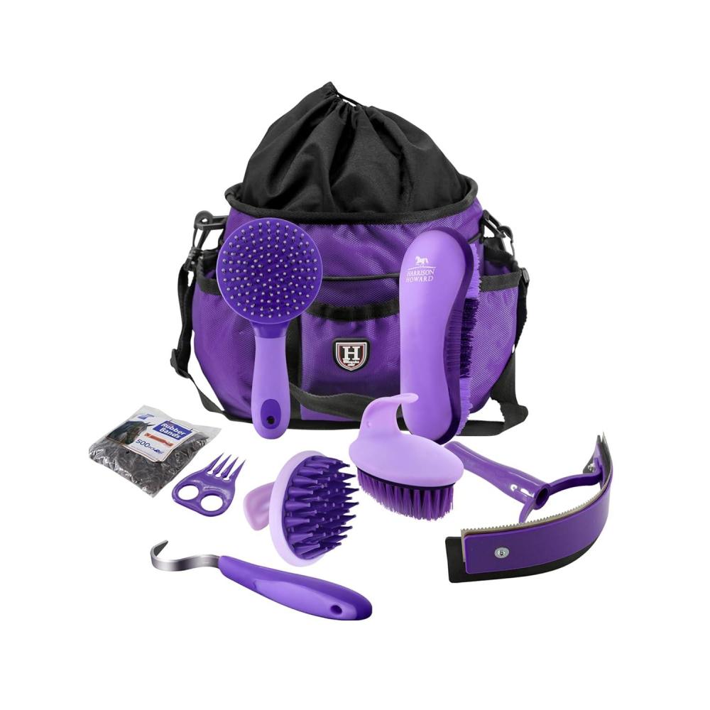 imageHarrison Howard Horse Grooming Brushes Kit 7 pieces with Organizer Tote Equine Care Series Horse Brush Sets RedPurple