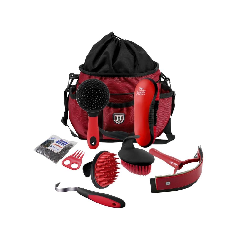 imageHarrison Howard Horse Grooming Brushes Kit 7 pieces with Organizer Tote Equine Care Series Horse Brush Sets RedRed