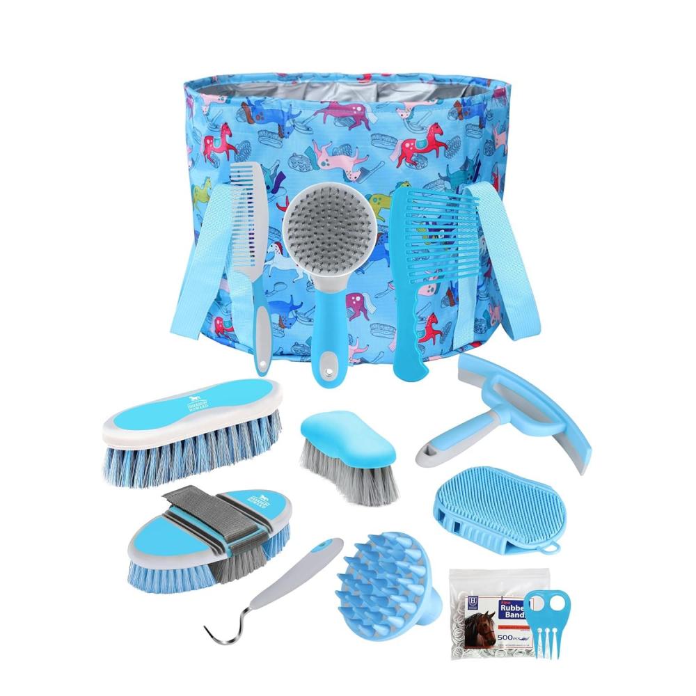 imageHarrison Howard Horse Grooming Kit 11Piece Equine Care Series Horse Brush Sets with Organizer Tote Bag Tack Room Supplies Shedding Grooming Massaging Tools Blue Brushstroke PoniesBlue