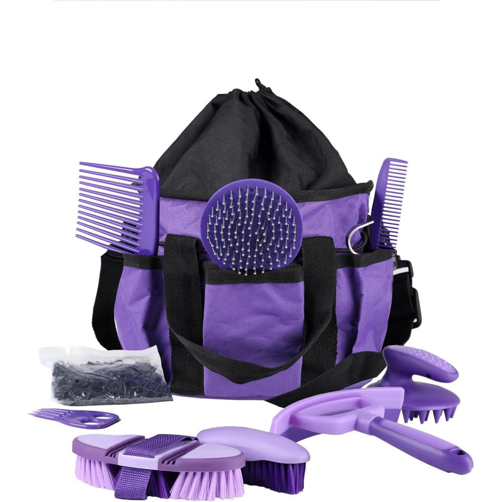 imageHarrison Howard Horse Grooming Kit 9Piece Equine Care Series Horse Brush Sets with Organizer Tote Bag Tack Room Supplies Shedding Grooming Massaging Tools PurplePurple
