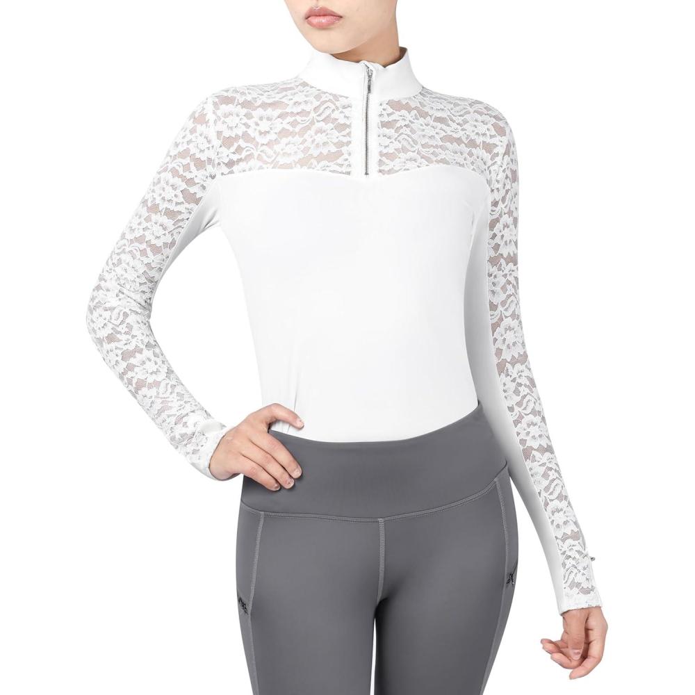 imageHarrison Howard Ladies Long Sleeve Lace Rider Top with Exquisite Lace Spliced Sleeves Slim Fit Show ShirtOval White