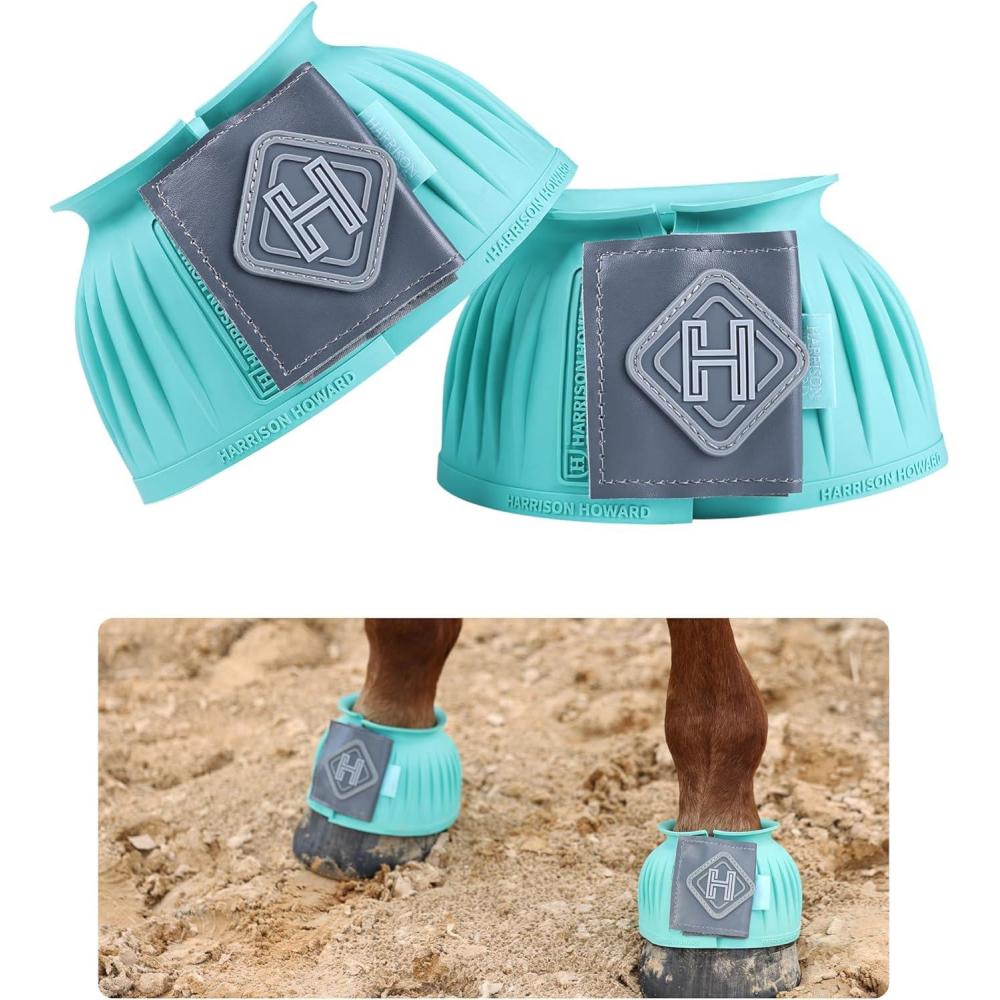 imageHarrison Howard Rubber Bell Boots Leather TouchClose Overreach Boots Hoof Protection for Horses Sold in Pairs Light Grey LTurquoise