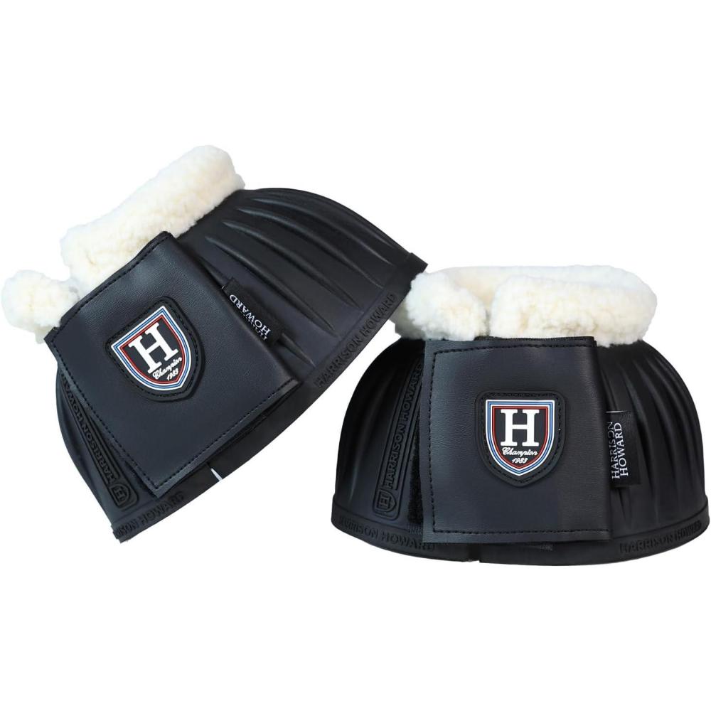 imageHarrison Howard Rubber Pullon Bell Boots with Fleece Lining and ExtraLarge Leather TouchClose Tape Hoof Overreach Protection for Horses Sold in Pairs Light Grey LBlack