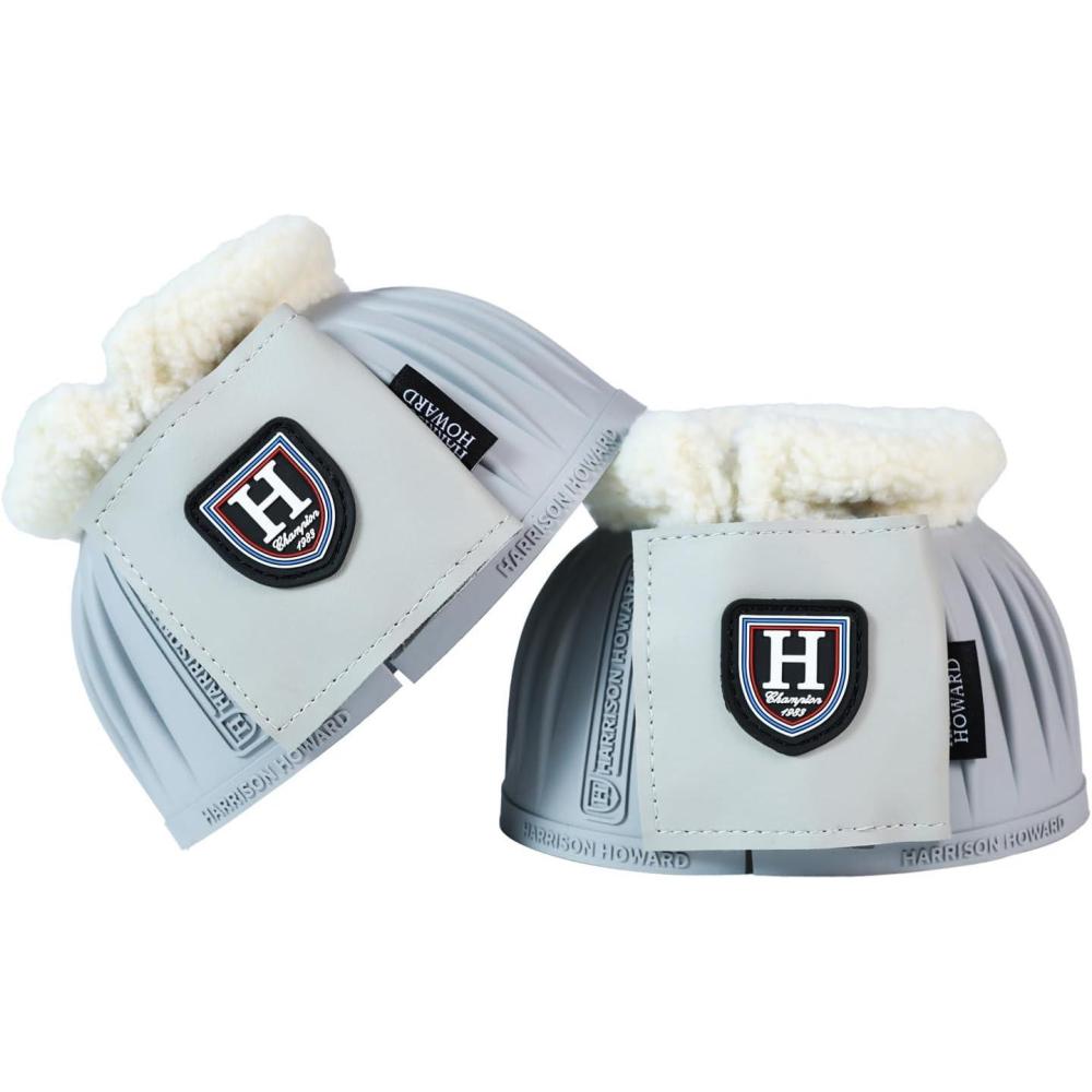 imageHarrison Howard Rubber Pullon Bell Boots with Fleece Lining and ExtraLarge Leather TouchClose Tape Hoof Overreach Protection for Horses Sold in Pairs Light Grey LLight Grey