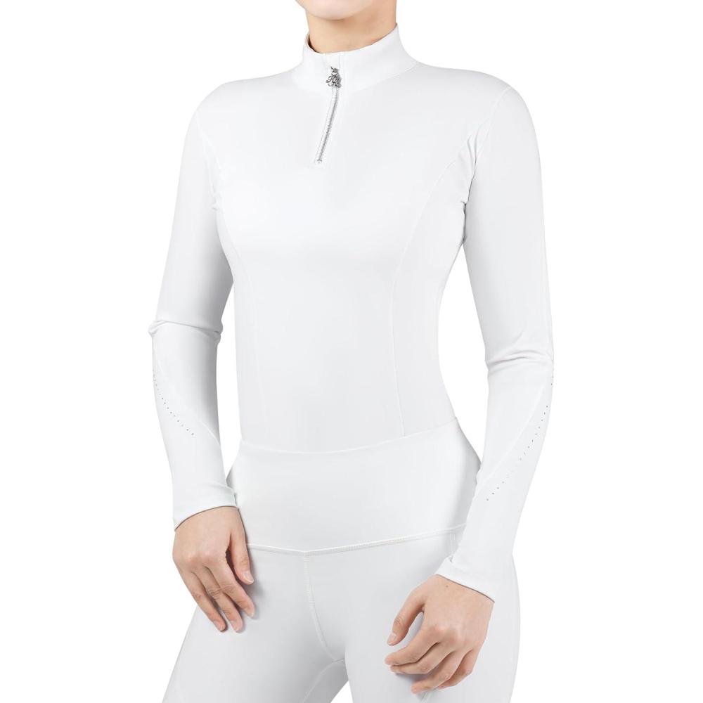 imageHarrison Howard Womens Equestrian Sweat Absorption Quick Drying Horse Riding Long Sleeve Shirt 14 Zip Base LayerOval White